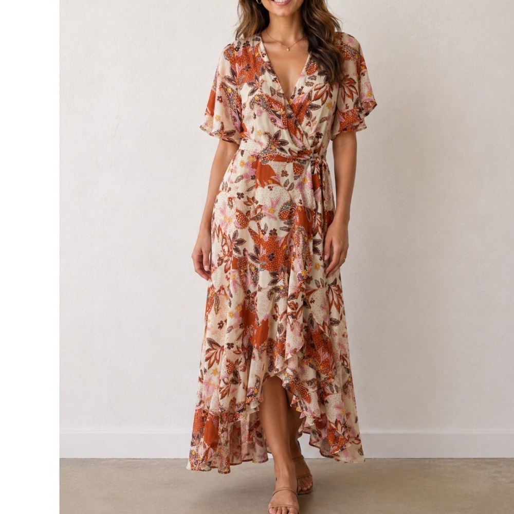 Dress Forum Maxi Wrap Dress Womens Small Rust Cream Floral Paisley High Low